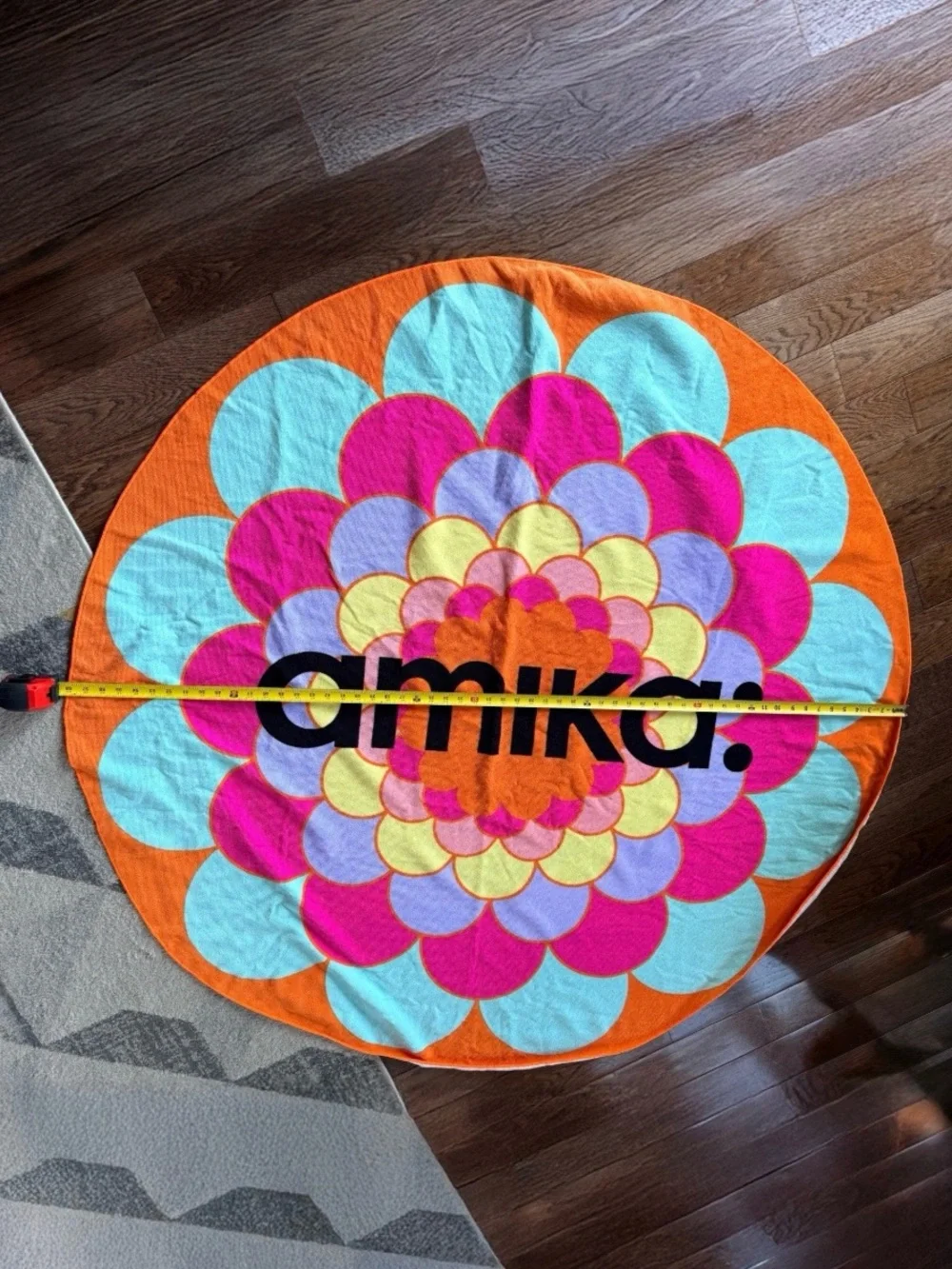 amika Round Beach Towel Mandala Floral Neon Orange Oversized 58” Like New